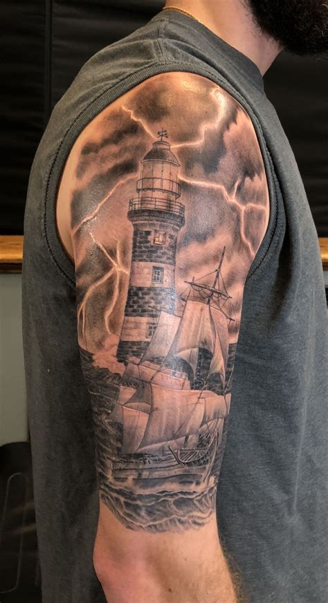 Girl Right Sleeve Lighthouse Tattoo. . Lighthouse tattoo sleeve